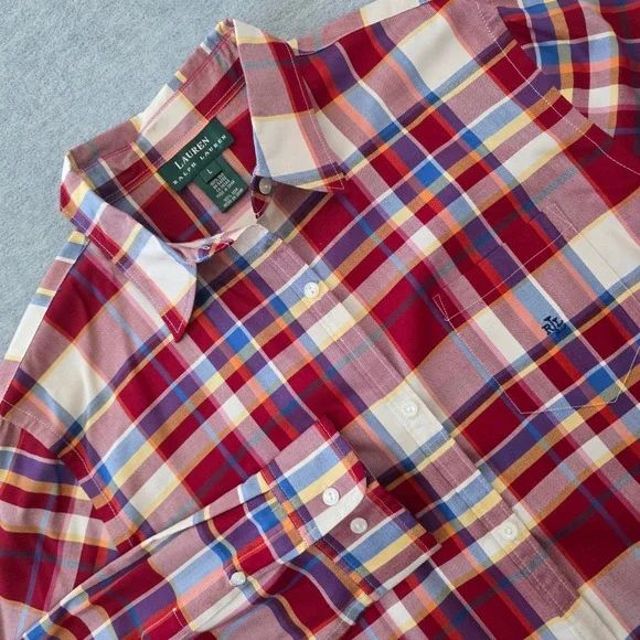 Lauren Ralph Lauren Womens Red Multi Plaid 100% Silk Button Down Shirt Large - Picture 1 of 8